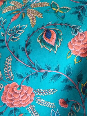 toile thevenon fleurie bleu orangé